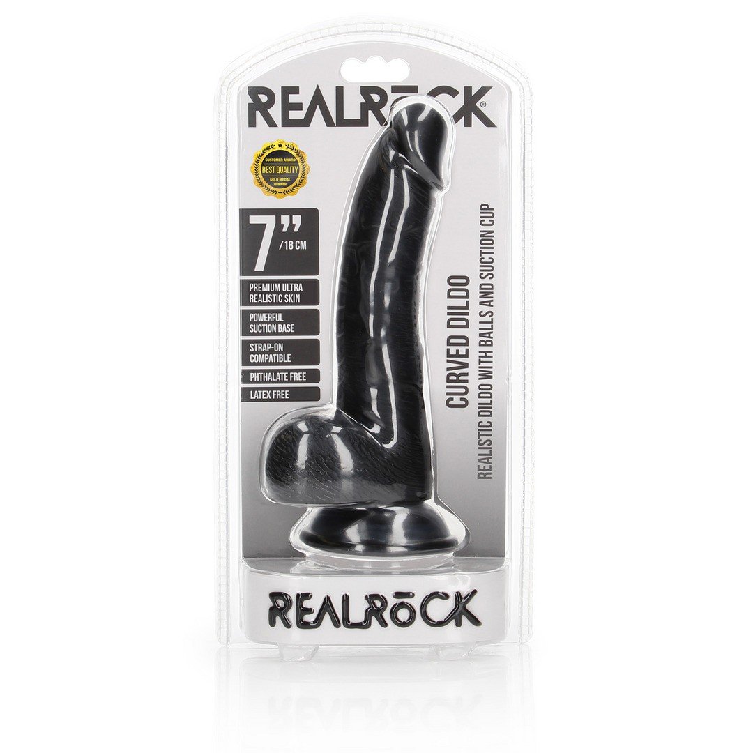 DILDO REALISTA COM TESTÍCULOS CURVED 7 /18CM PRETO REALROCK