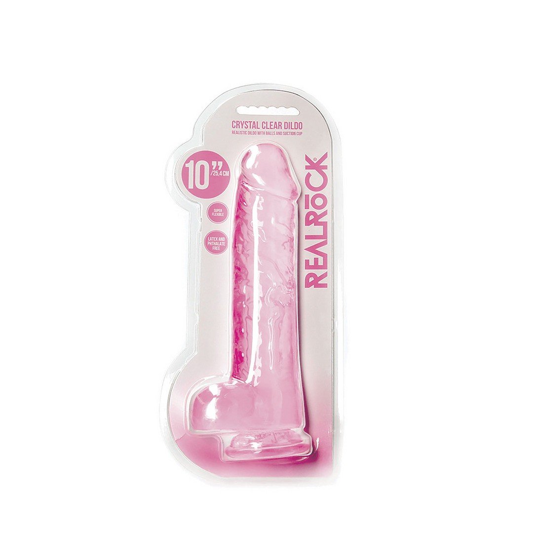 DILDO REALISTA COM TESTÍCULOS CRYSTAL CLEAR10 /25,4 CM ROSA REALROCK